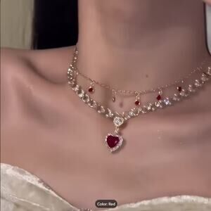 Elegant Double Layer Pearl Heart Pendant Necklace– Crystal Rhinestone Purple